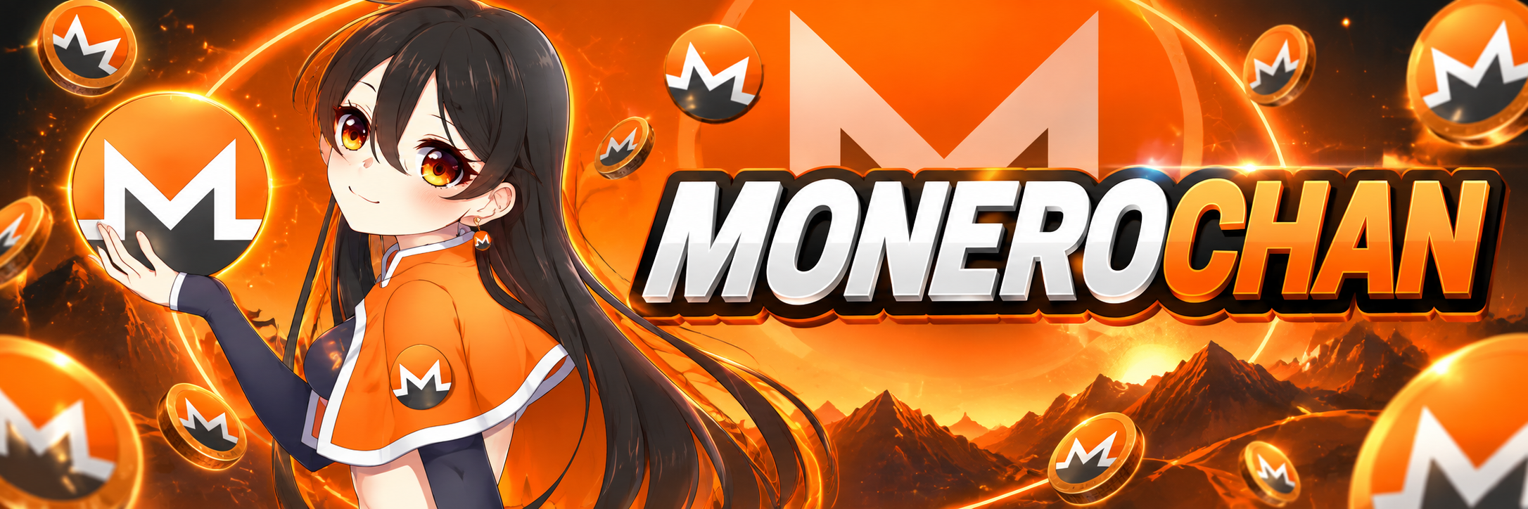 Monero-Chan standing before a ring of orange Monero coins — MONEROCHAN